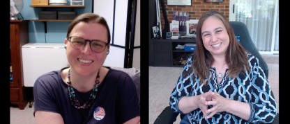 Two women smiling in a web meeting.
