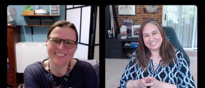 Two women smiling in a web meeting.